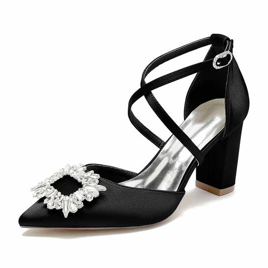 Elegant black satin block heel bridal shoes with a decorative jeweled buckle for stylish weddings