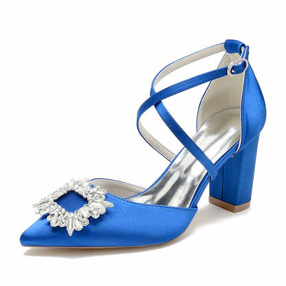 S&DCo. satin block heel bridal shoes in blue with elegant embellished buckle and stylish straps