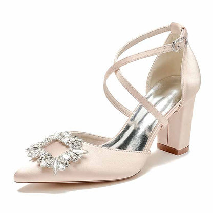 Satin block heel bridal shoes with crystal embellishment and stylish cross straps