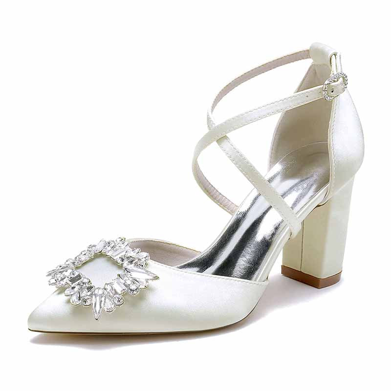 Elegant satin block heel bridal shoes with a decorative jeweled buckle for a stylish wedding look