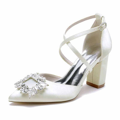 Elegant satin block heel bridal shoes with a decorative jeweled buckle for a stylish wedding look