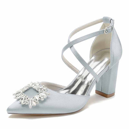 Elegant satin block heel bridal shoes with sparkling embellishment and crisscross straps