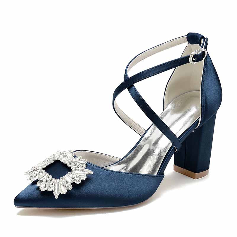 Navy satin block heel bridal shoes with sparkling rhinestone embellishment and elegant crisscross straps