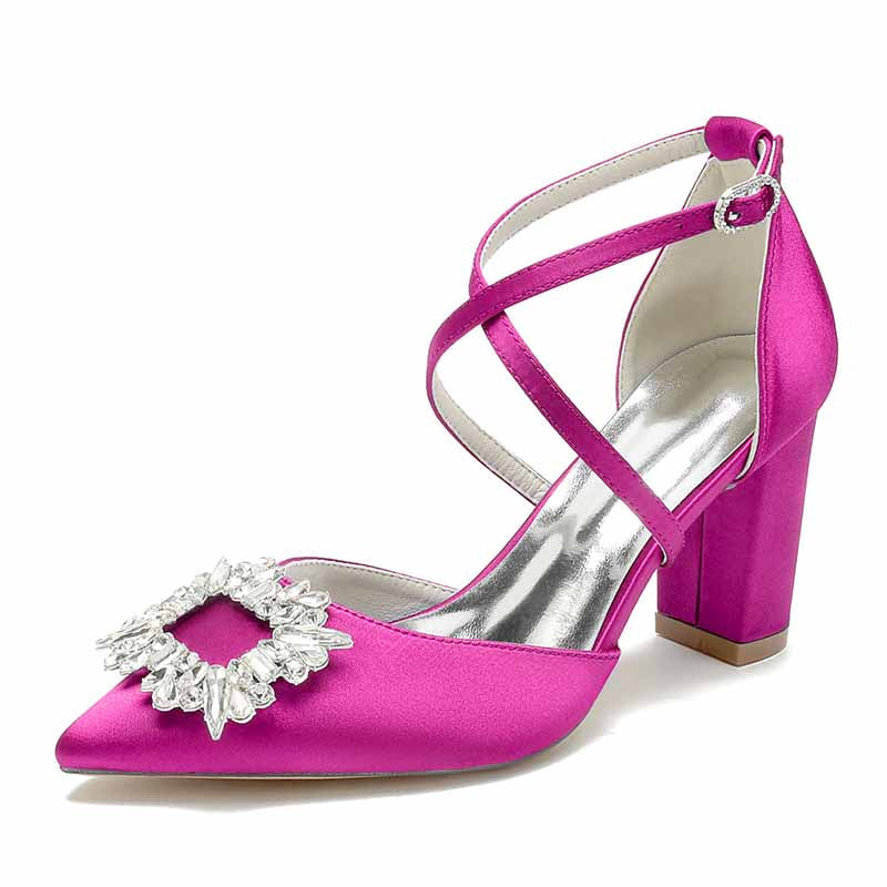 Fuchsia satin block heel bridal shoes with elegant crystal embellishment and crisscross straps