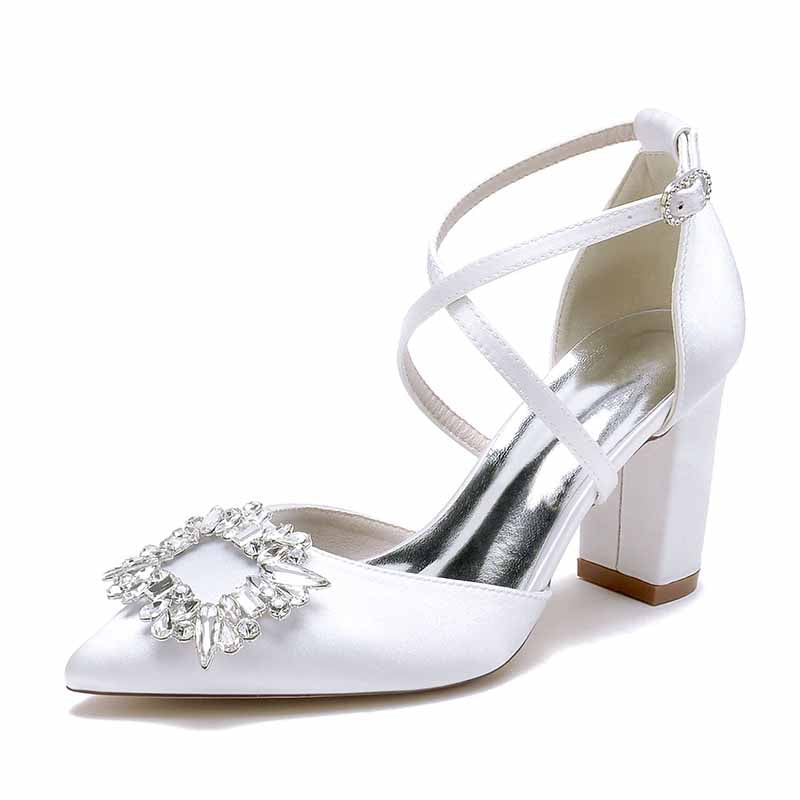 Elegant satin block heel bridal shoes with a sparkling crystal embellishment and adjustable strap