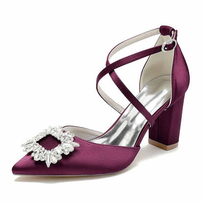 Burgundy satin block heel bridal shoes with embellished buckle for elegant wedding style