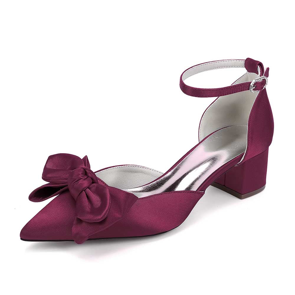Elegant satin bow wedding shoes in burgundy with ankle strap and block heel for special occasions