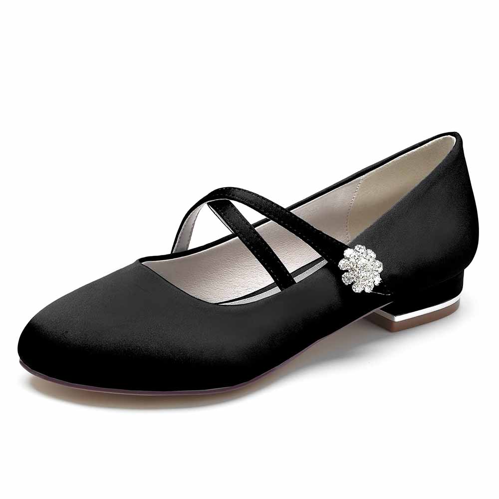 Elegant black satin bridal flats with stylish crisscross straps and decorative embellishment