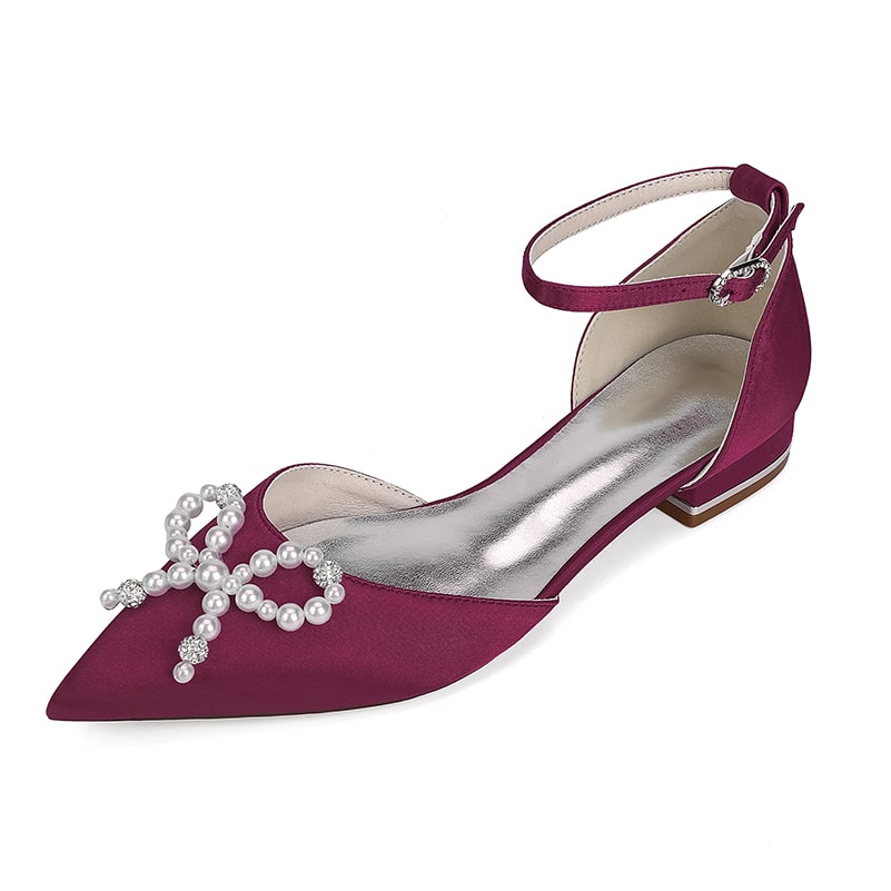 Elegant satin bridal flats in burgundy with a pearl embellishment and ankle strap