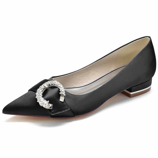 Elegant black satin bridal flats for women with a stylish buckle detail for a chic wedding look