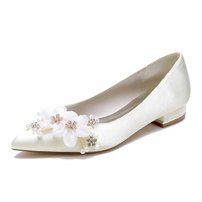Elegant satin bridal flats for women with floral embellishments for weddings and special occasions