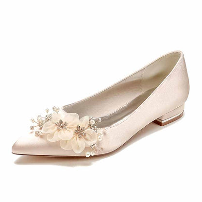 Elegant satin bridal flats for women with floral embellishments and decorative pearls