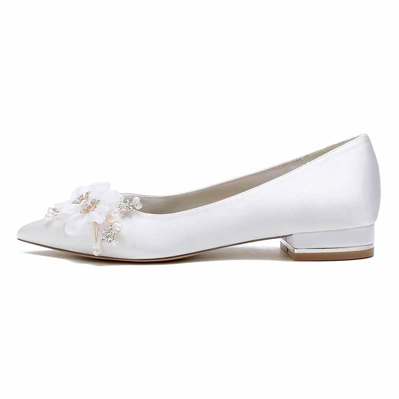 White satin bridal flats for women adorned with floral embellishments for elegant weddings