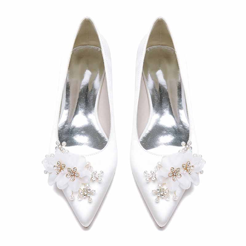 Elegant S&DCo. satin bridal flats for women with floral embellishments and shiny silver accents