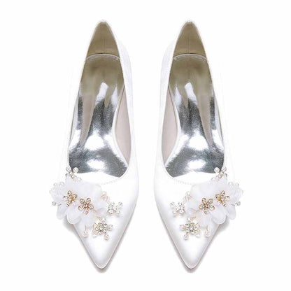 Elegant S&DCo. satin bridal flats for women with floral embellishments and shiny silver accents