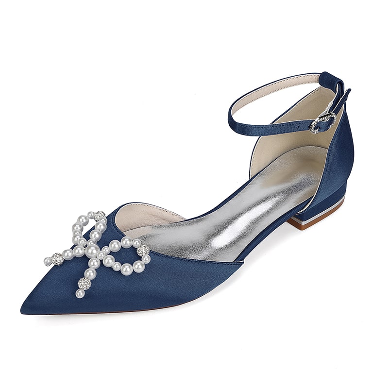 Elegant navy satin bridal flats with pearl embellishments and ankle strap for wedding attire