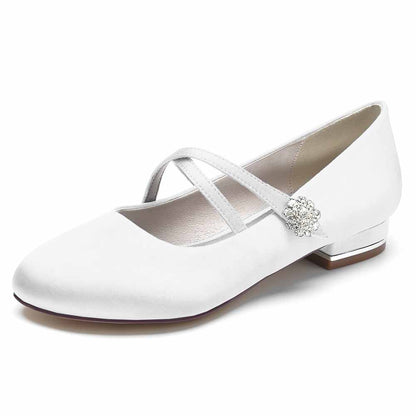 Satin bridal flats in white with elegant cross straps and decorative embellishment