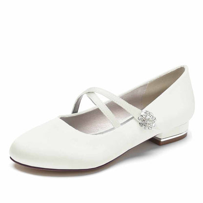 Satin bridal flats with elegant crisscross straps and decorative embellishment for weddings