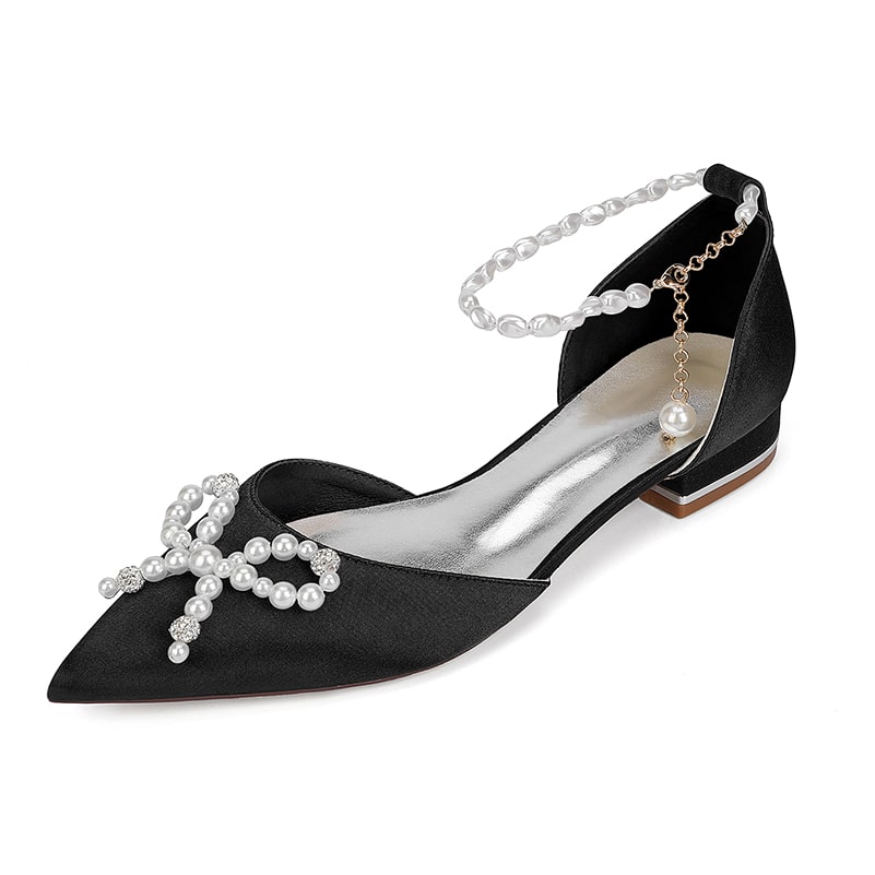 Elegant satin bridal flats with pearls and ankle strap for modern wedding style
