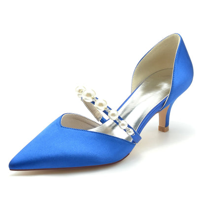 Elegant blue satin bridal heels for wedding featuring a stylish pearl strap and pointed toe design