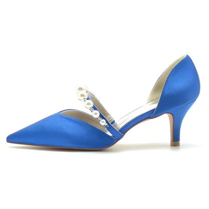 Elegant blue satin bridal heels for wedding with pearl accents and a sleek design