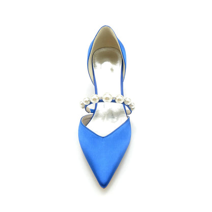 Elegant blue satin bridal heels for wedding with a stylish pearl ankle strap