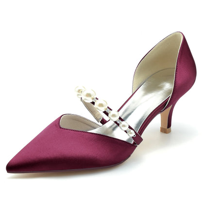 Elegant satin bridal heels for wedding in burgundy with pearl strap detail and a stylish pointed toe