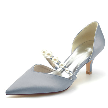 Elegant satin bridal heels for wedding in light blue with pearl accents and a chic pointed toe design