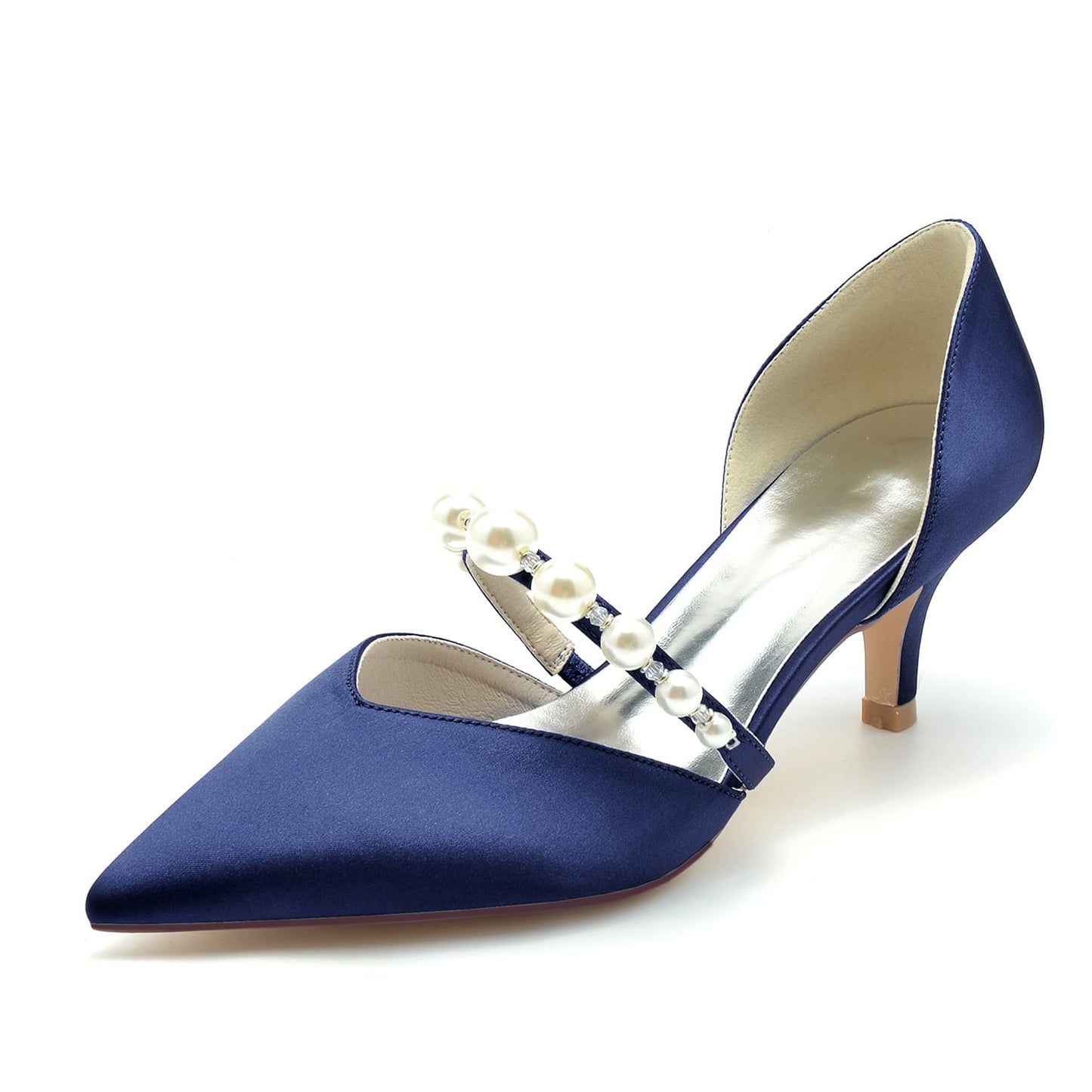 Elegant navy blue satin bridal heels for wedding with pearl embellishments and a pointed toe design
