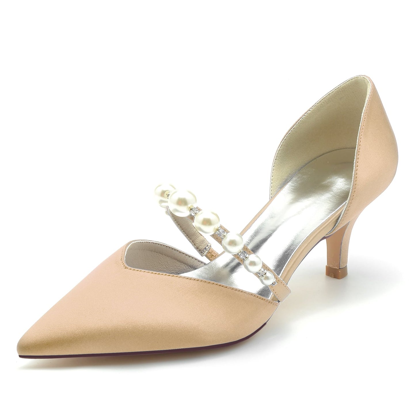 Elegant satin bridal heels for wedding with pearl and rhinestone embellishments in beige