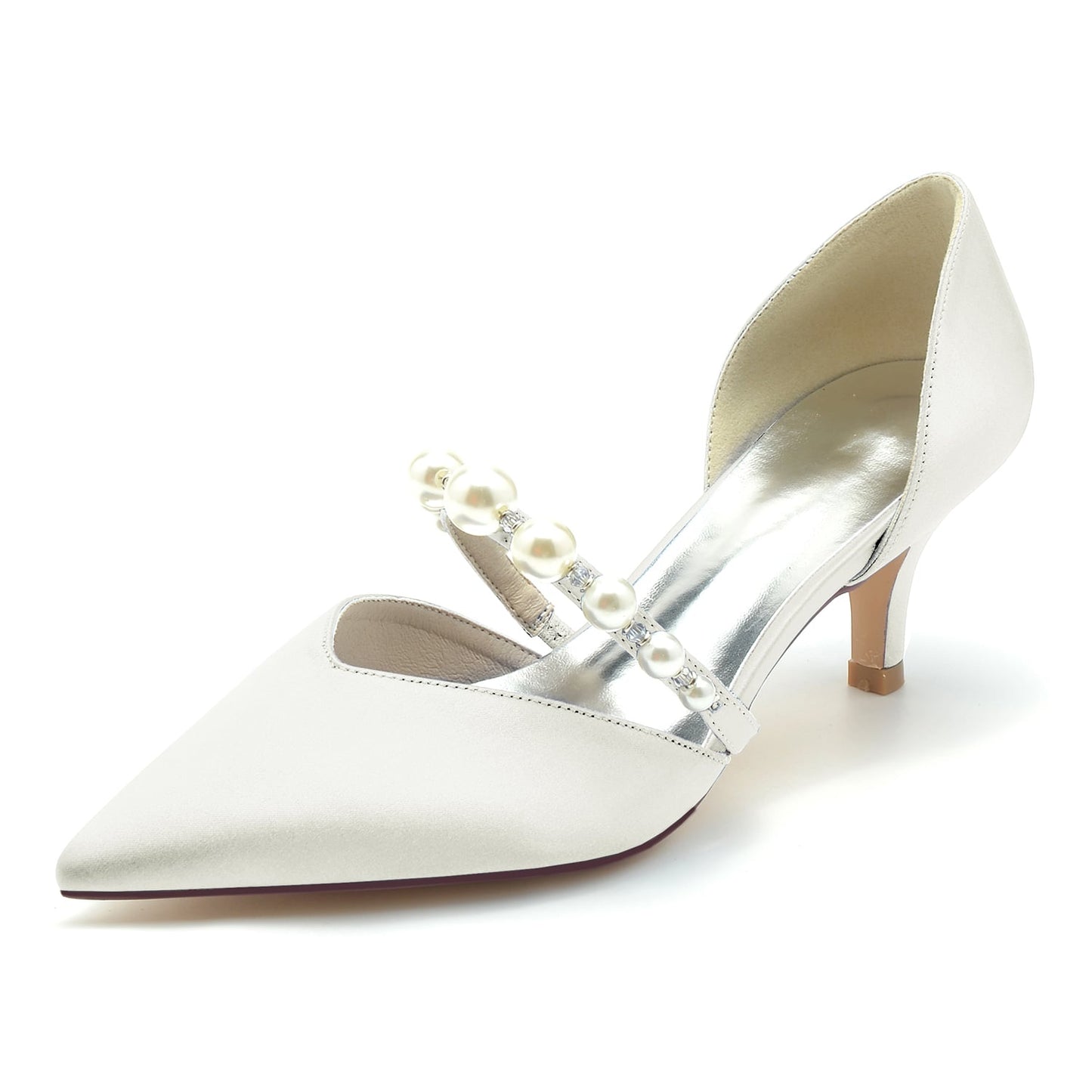 Elegant satin bridal heels for wedding with pearl detailing and a chic pointed toe