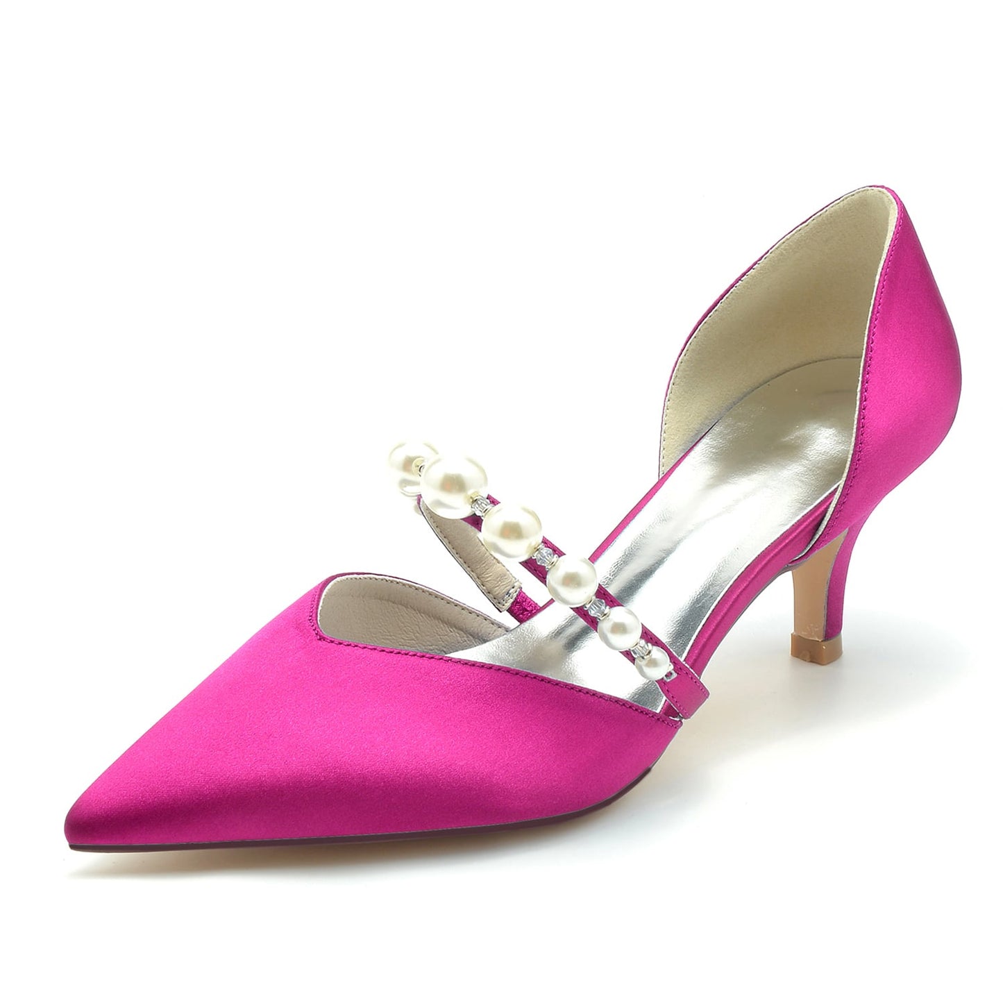 Pink satin bridal heels for wedding featuring stylish pearl accents and a pointed toe design