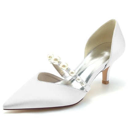 Elegant satin bridal heels for wedding with pearl embellishments and a stylish design