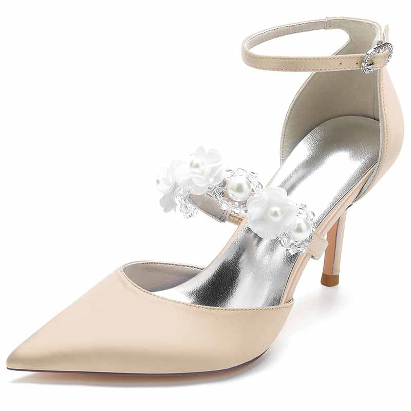 Elegant satin bridal heels with ankle strap and floral embellishments for weddings