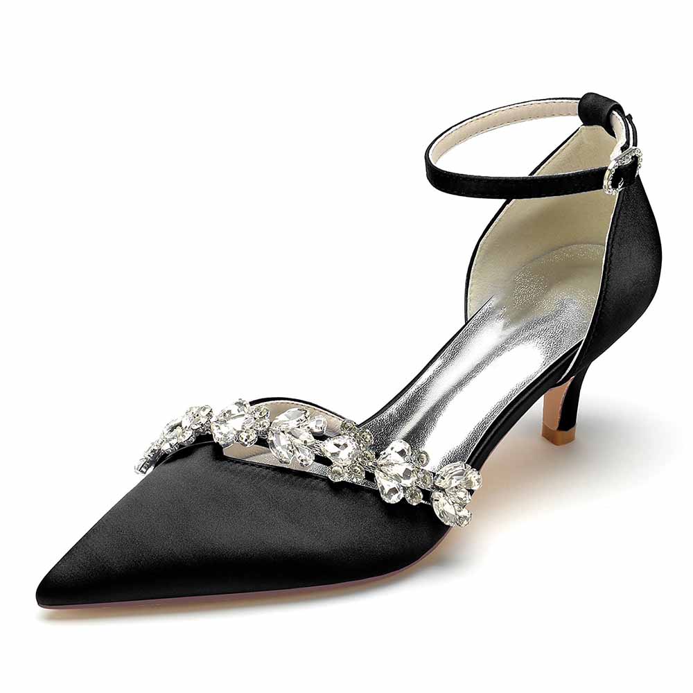 Elegant satin bridal heels with ankle strap adorned with sparkling embellishments for a stylish wedding look