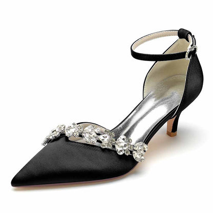 Elegant satin bridal heels with ankle strap adorned with sparkling embellishments for a stylish wedding look