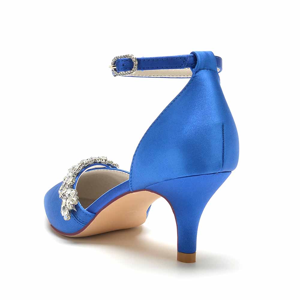 Elegant blue satin bridal heels with ankle strap and decorative embellishments for wedding attire