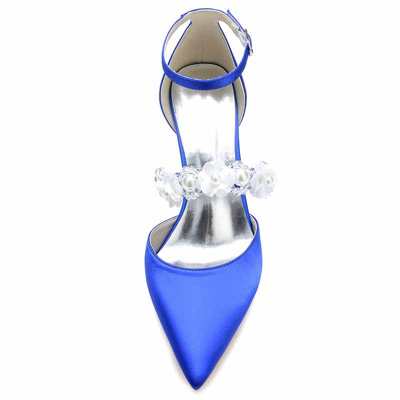 Blue satin bridal heels with ankle strap featuring elegant crystal detailing for a stylish wedding look