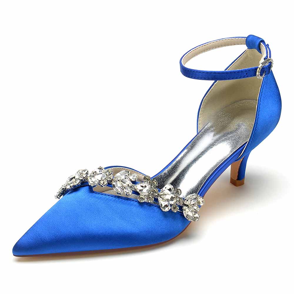 Satin bridal heels with ankle strap in royal blue featuring jewel embellishments for weddings