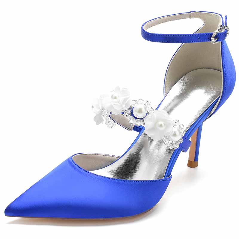sd-hk satin bridal heels with ankle strap in royal blue featuring decorative floral embellishments