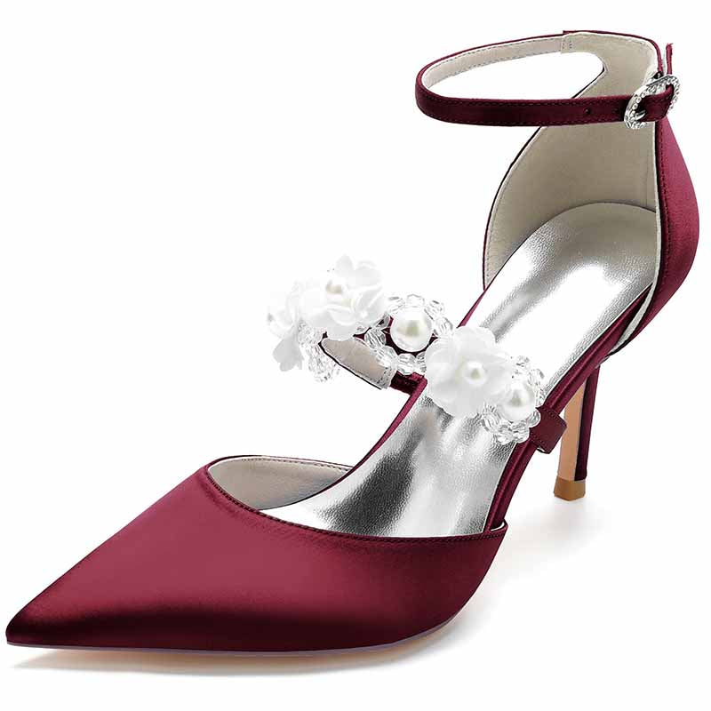 Elegant satin bridal heels with ankle strap in burgundy featuring floral embellishments