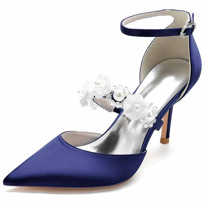 satin bridal heels with ankle strap in navy blue featuring floral detailing for weddings