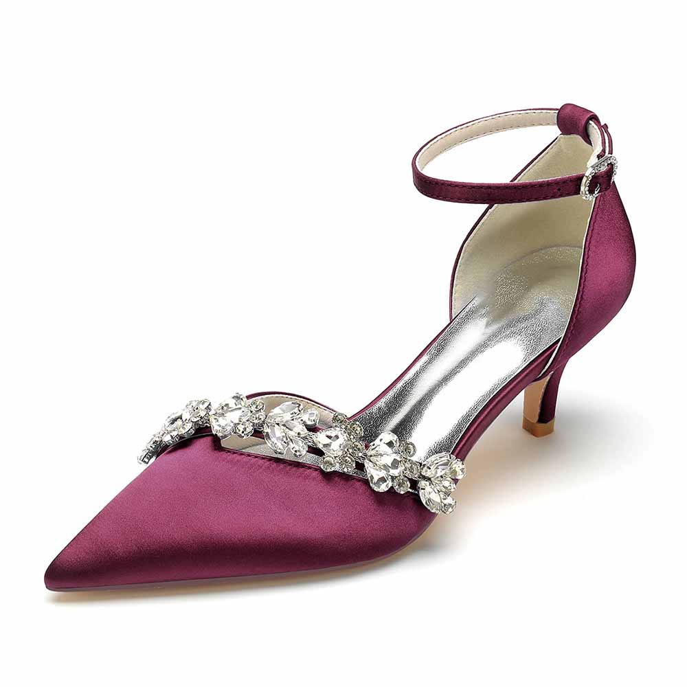 Elegant satin bridal heels with ankle strap and jeweled embellishments for weddings