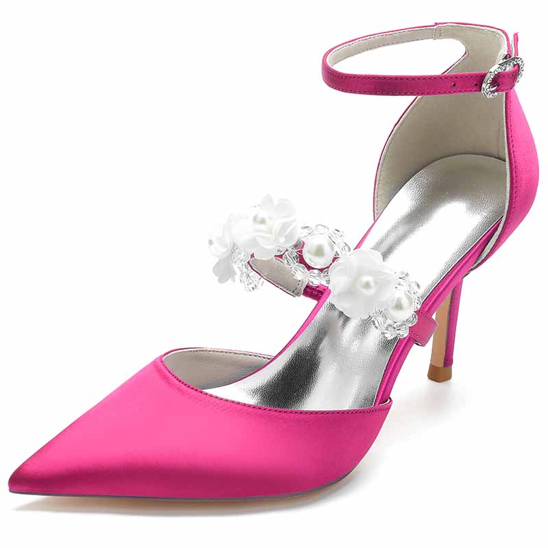 sd-hk pink satin bridal heels with ankle strap featuring floral embellishments for weddings