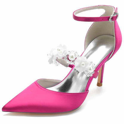 sd-hk pink satin bridal heels with ankle strap featuring floral embellishments for weddings