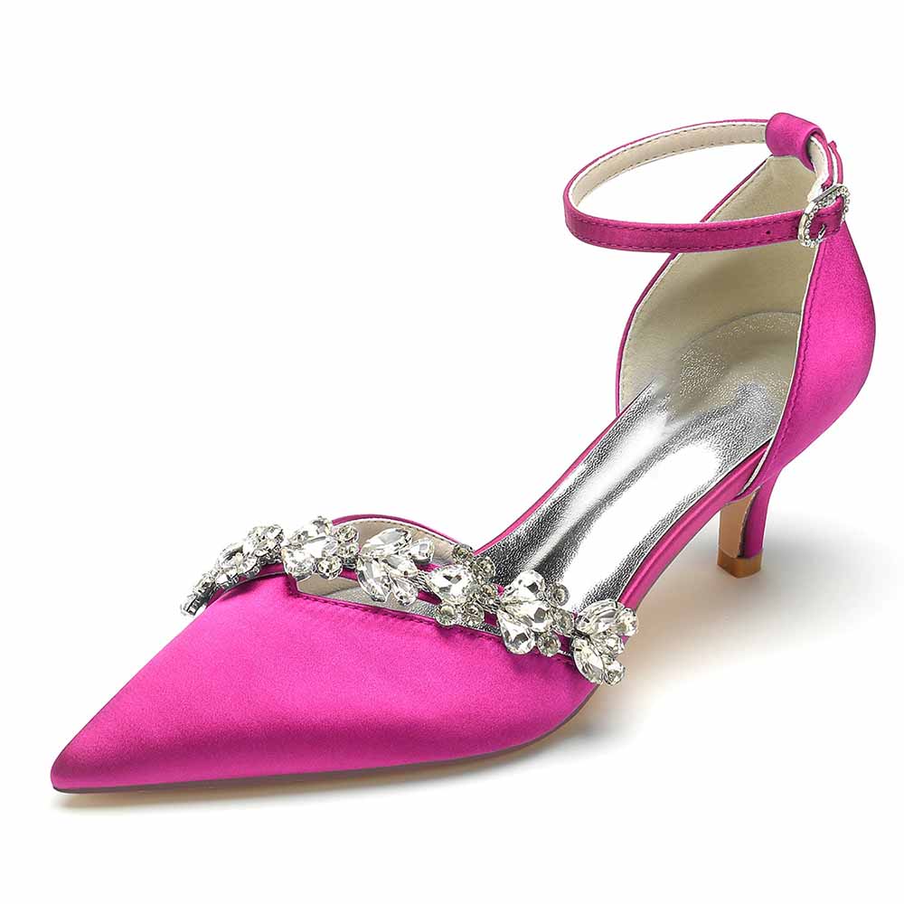 Pink satin bridal heels with ankle strap featuring elegant rhinestone embellishments