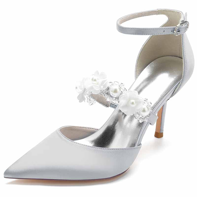 Elegant satin bridal heels with ankle strap adorned with floral embellishments for weddings