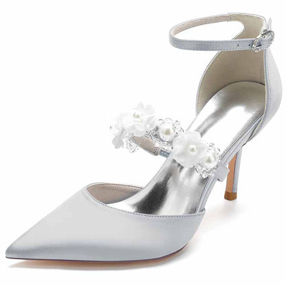 Elegant satin bridal heels with ankle strap adorned with floral embellishments for weddings