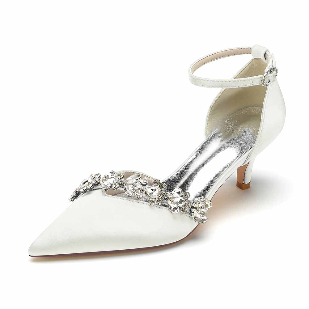 Elegant satin bridal heels with ankle strap and embellished detail for wedding elegance