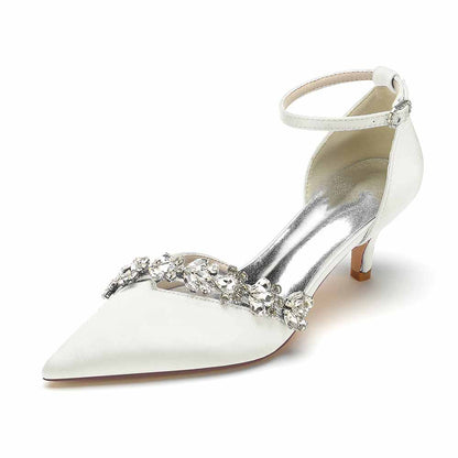 Elegant satin bridal heels with ankle strap and embellished detail for wedding elegance